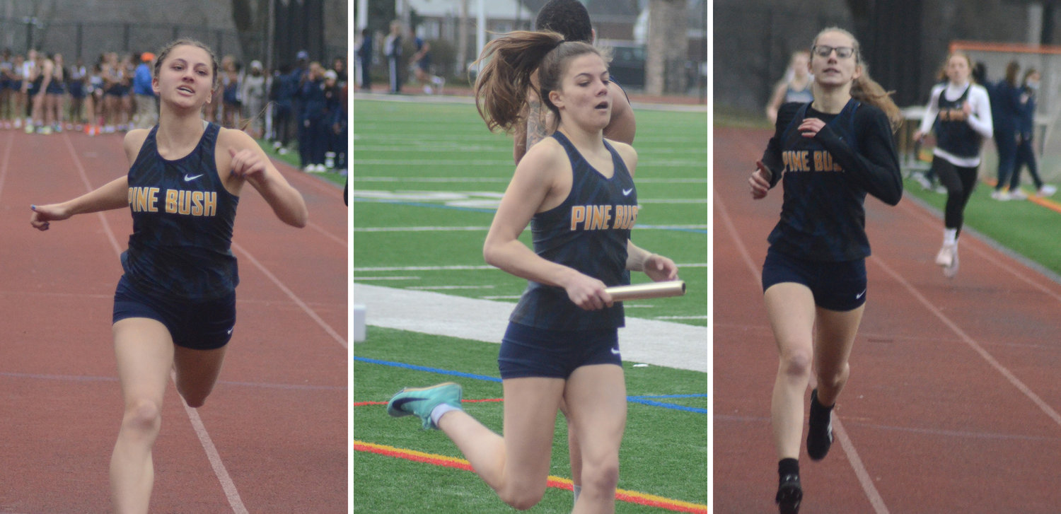 Left: Pine Bush’s Zoe Rodi wins the 100-meter dash during Thursday’s OCIAA track and field meet at Newburgh Free Academy. Middle: PB Mackenzie Gula runs the final leg of the 3,200-meter relay. Right: Pine Bush’s Madeleine Cerone finished second in the 400-meter dash.